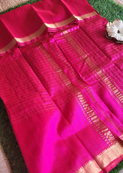 Checks Design Rani Pink Mangalgiri Silk Saree- Andhra