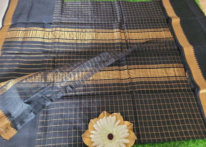 Checks Design Black Mangalgiri Silk Saree- Andhra