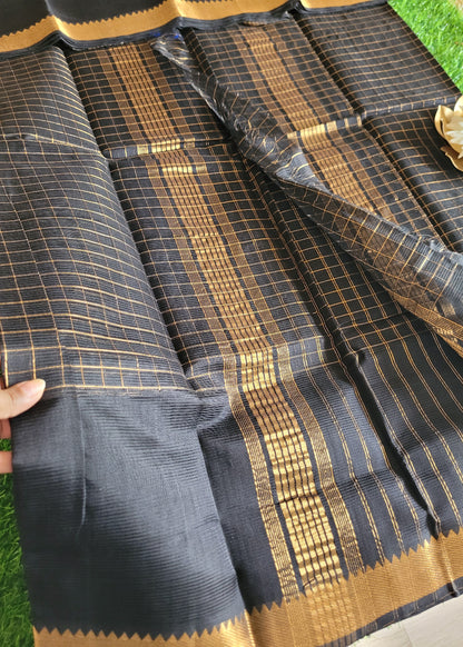 Checks Design Black Mangalgiri Silk Saree- Andhra