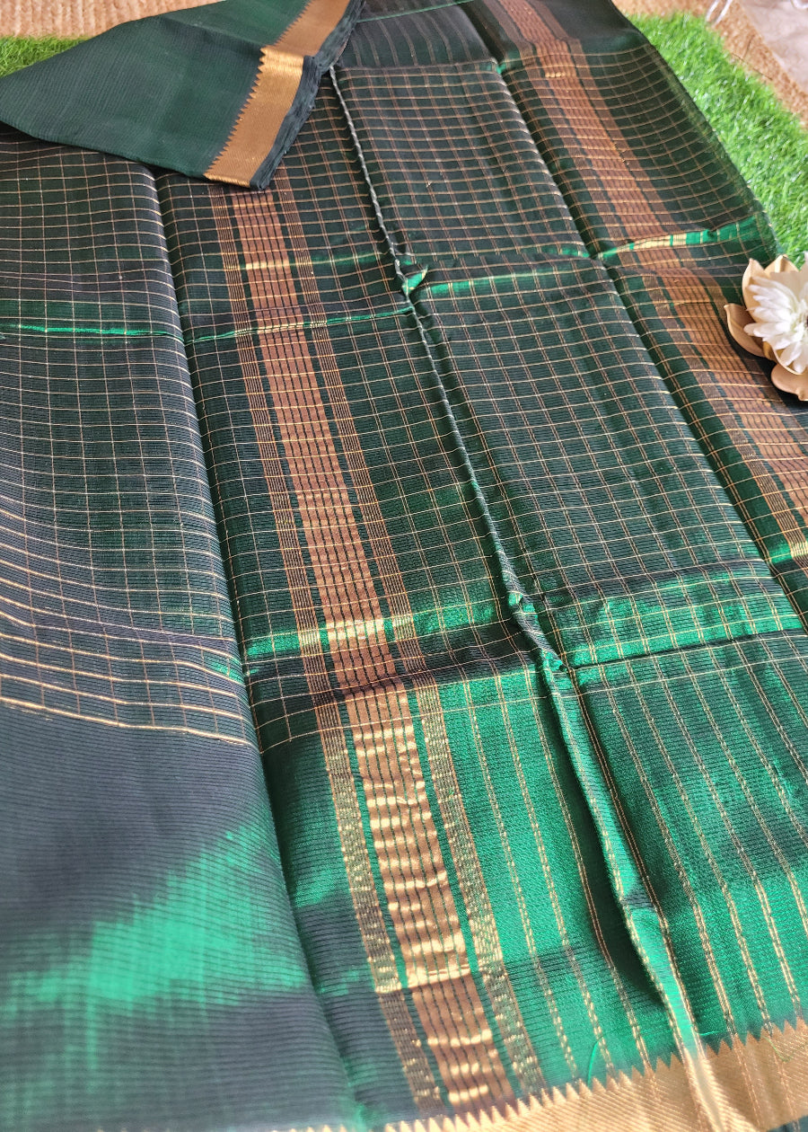 Checks Design Bottle Green Mangalgiri Silk Saree - Andhra