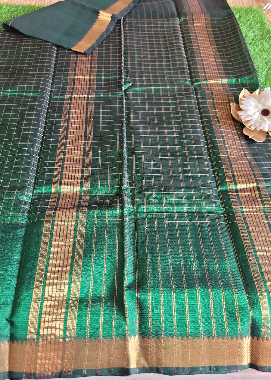 Checks Design Bottle Green Mangalgiri Silk Saree - Andhra