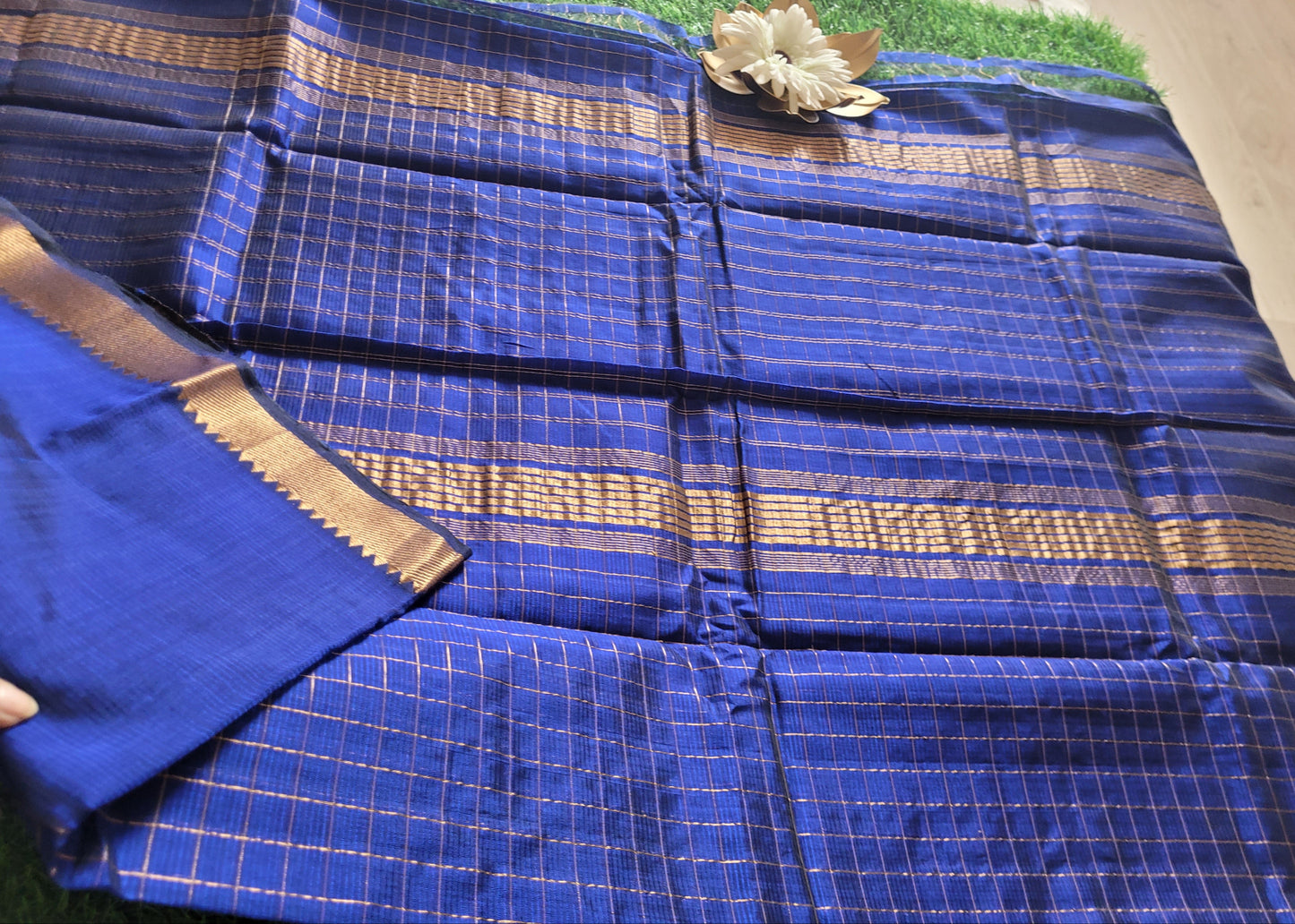 Checks Design Royal Blue Mangalgiri Silk Saree- Andhra