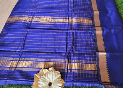 Checks Design Royal Blue Mangalgiri Silk Saree- Andhra