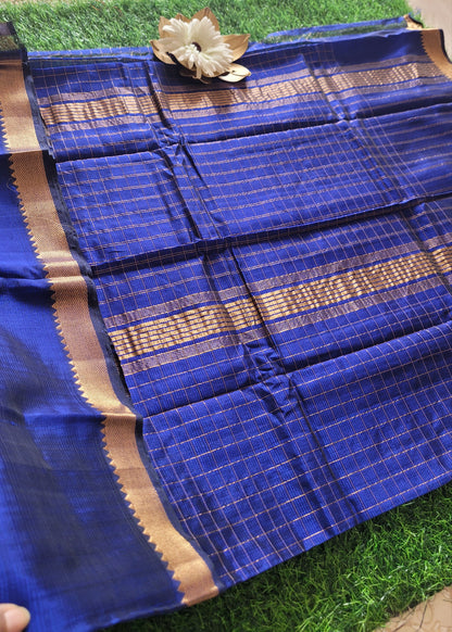Checks Design Royal Blue Mangalgiri Silk Saree- Andhra