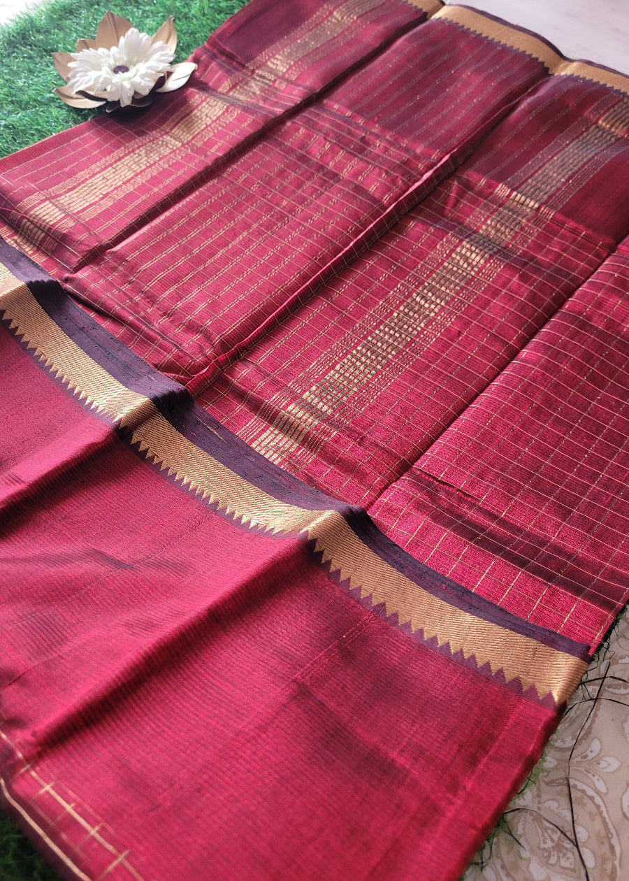Checks Design Maroon Mangalgiri Silk Saree- Andhra