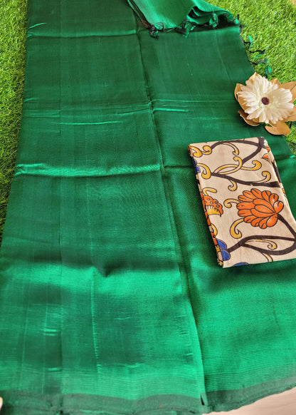 Plain Mangalgiri Silk Saree In Bottle Green- Andhra