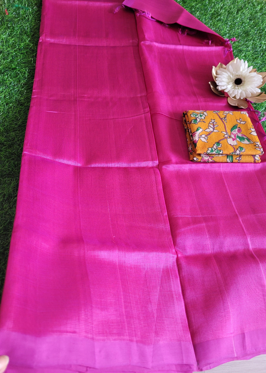 Plain Mangalgiri Silk Saree In Dark Pink-Andhra