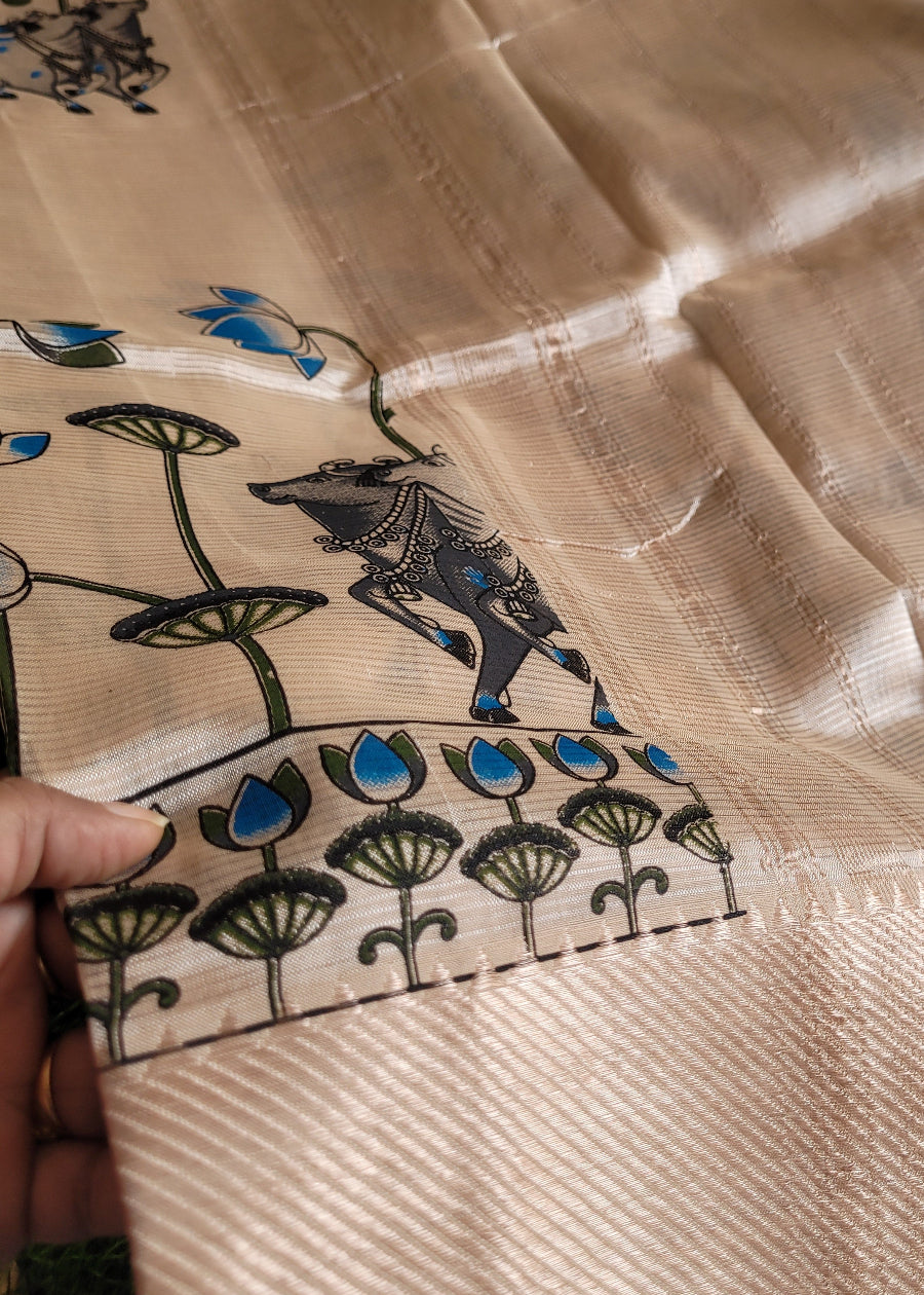 Pichwai Design Beige And Blue Mangalgiri Silk Saree- Andhra
