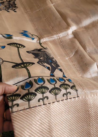 Pichwai Design Beige And Blue Mangalgiri Silk Saree- Andhra