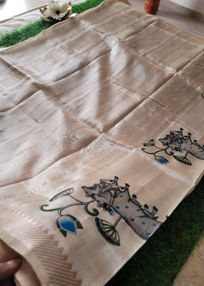 Pichwai Design Beige And Blue Mangalgiri Silk Saree- Andhra
