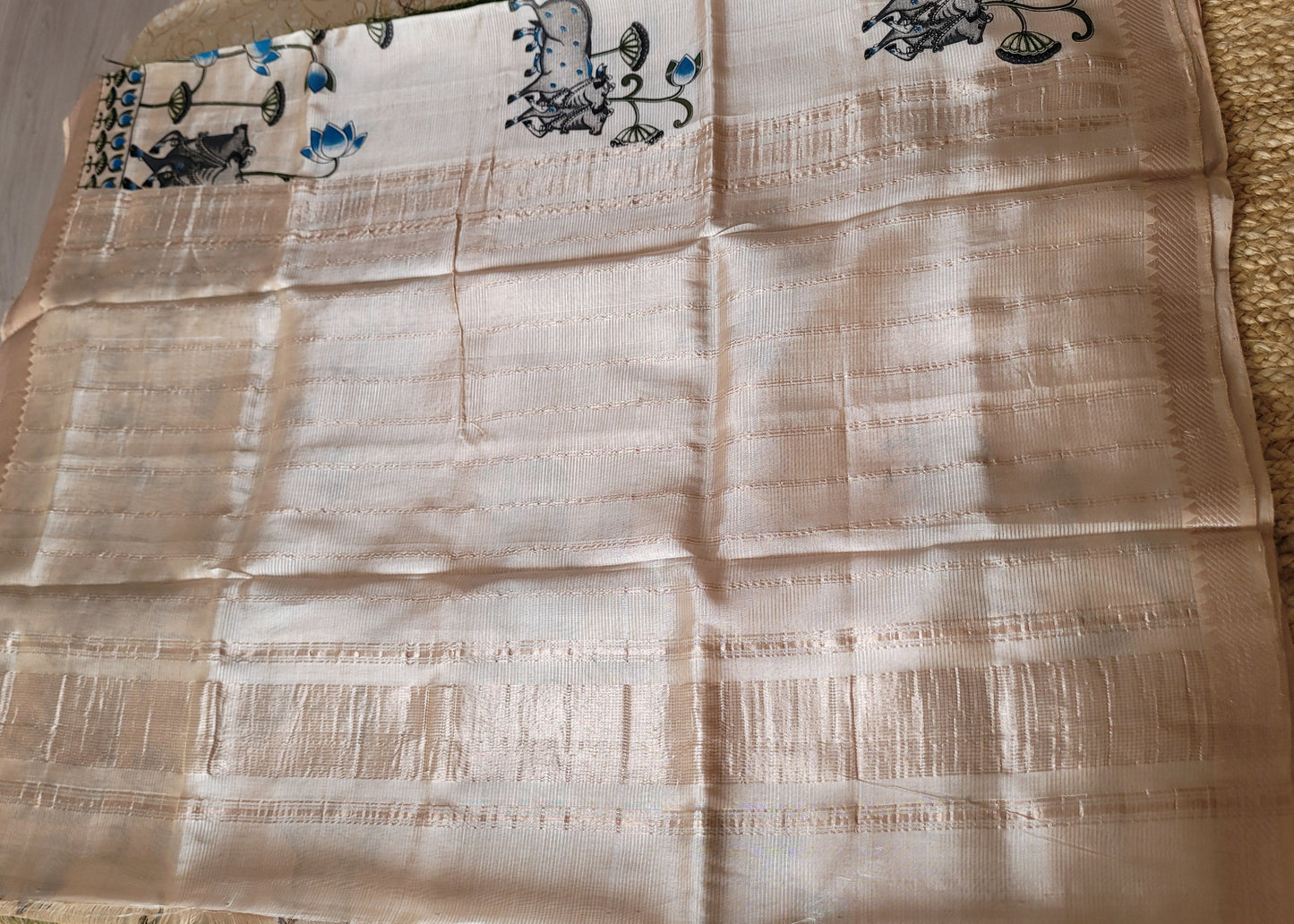 Pichwai Design Beige And Blue Mangalgiri Silk Saree- Andhra