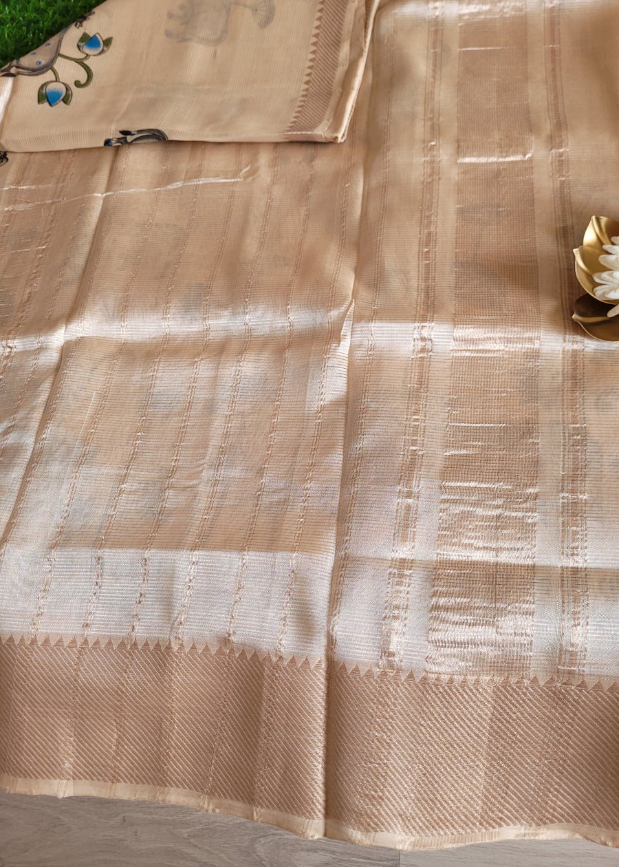 Pichwai Design Beige And Blue Mangalgiri Silk Saree- Andhra