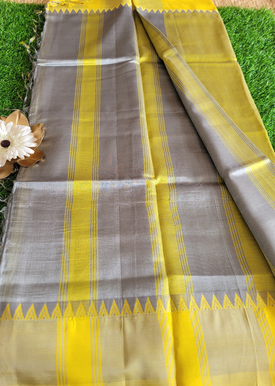 Lemon Green And Yellow Dual Toned Mangalgiri Silk Saree- Andhra