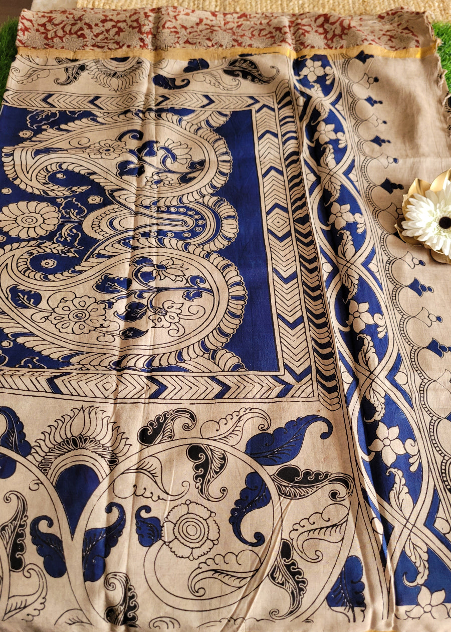 Kalamkari Design On Block Printed Chennuri Silk Saree- Andhra