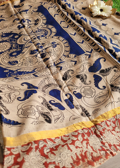 Kalamkari Design On Block Printed Chennuri Silk Saree- Andhra