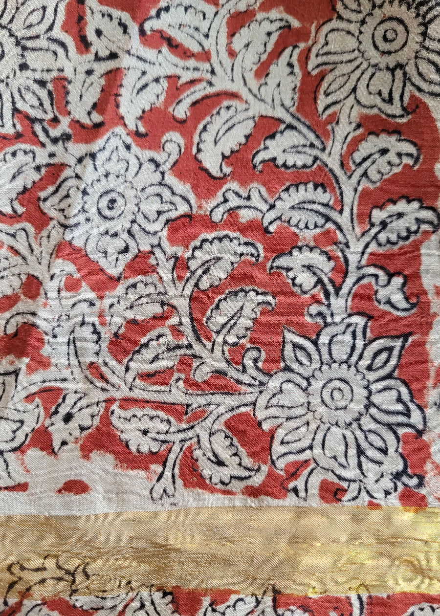 Kalamkari Design On Block Printed Chennuri Silk Saree- Andhra
