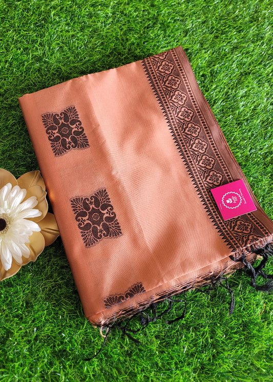 Light Peach And Black Poly Cotton Saree- Casual