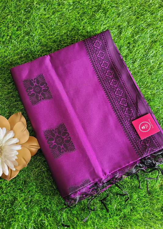 Purple And Black Poly Cotton Saree-Casual