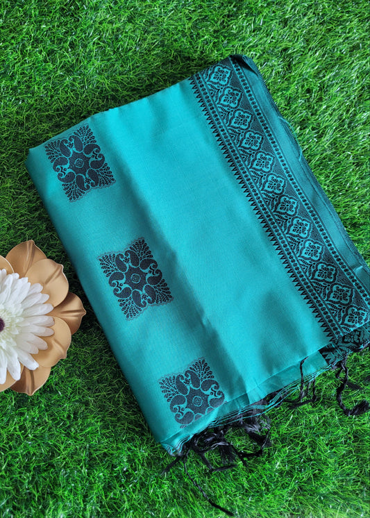 Teal GreenAnd Black Poly Cotton Saree- Casual