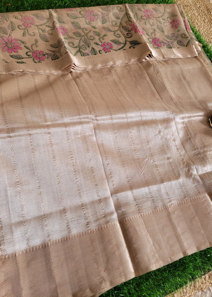 Floral Design On Beige Pure Mangalgiri Silk Saree- Andhra