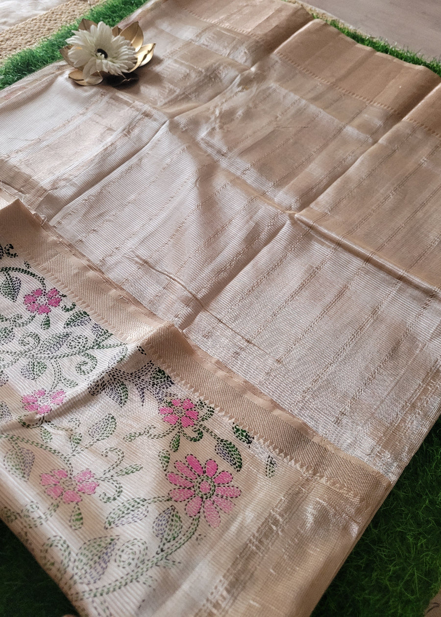 Floral Design On Beige Pure Mangalgiri Silk Saree- Andhra