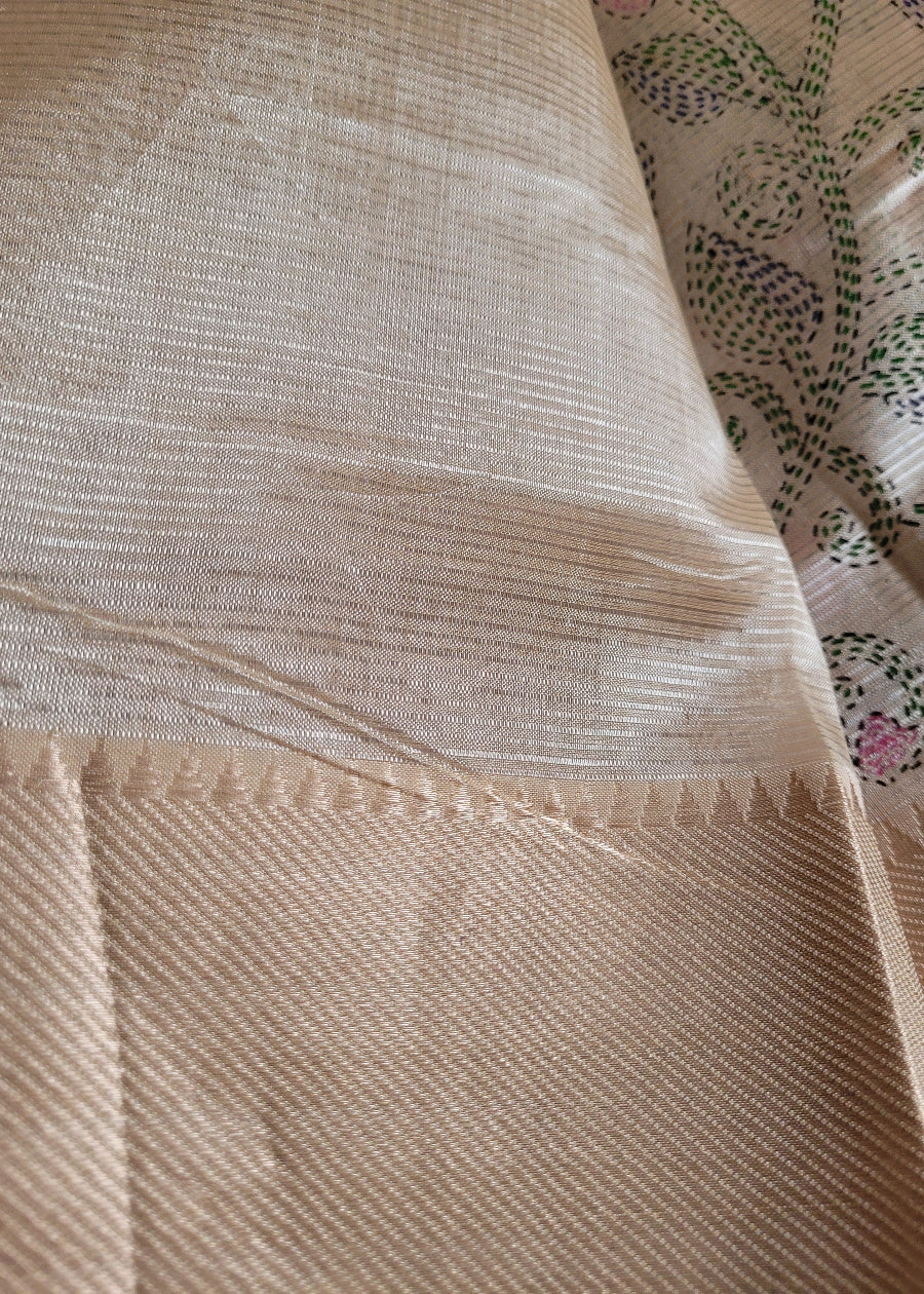 Floral Design On Beige Pure Mangalgiri Silk Saree- Andhra
