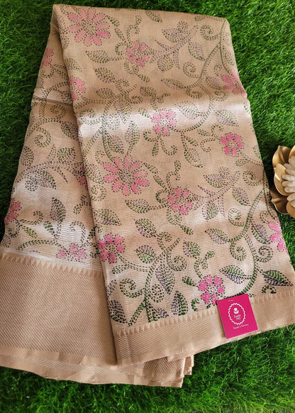 Floral Design On Beige Pure Mangalgiri Silk Saree- Andhra