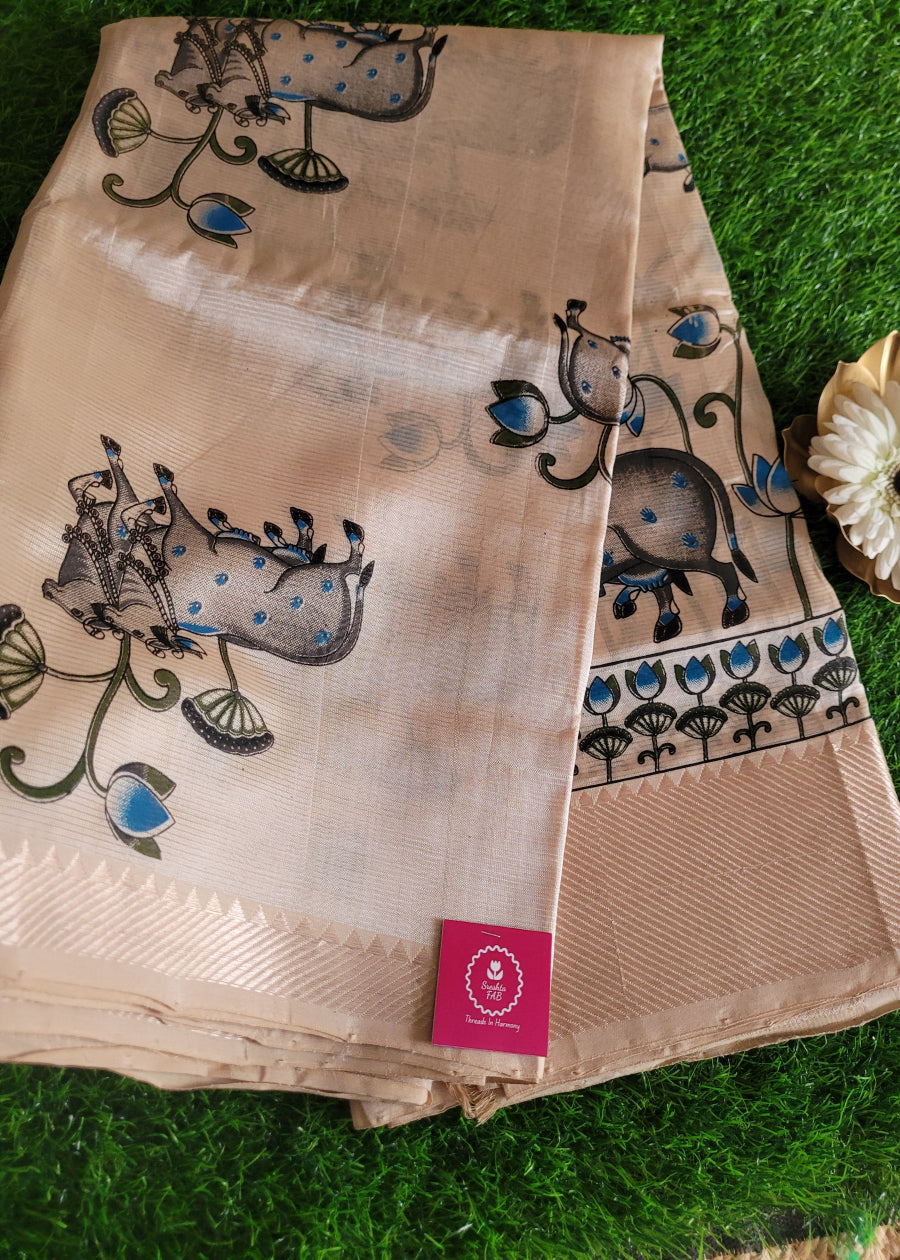 Pichwai Design Beige And Blue Mangalgiri Silk Saree- Andhra