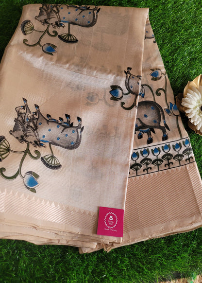 Pichwai Design Beige And Blue Mangalgiri Silk Saree- Andhra