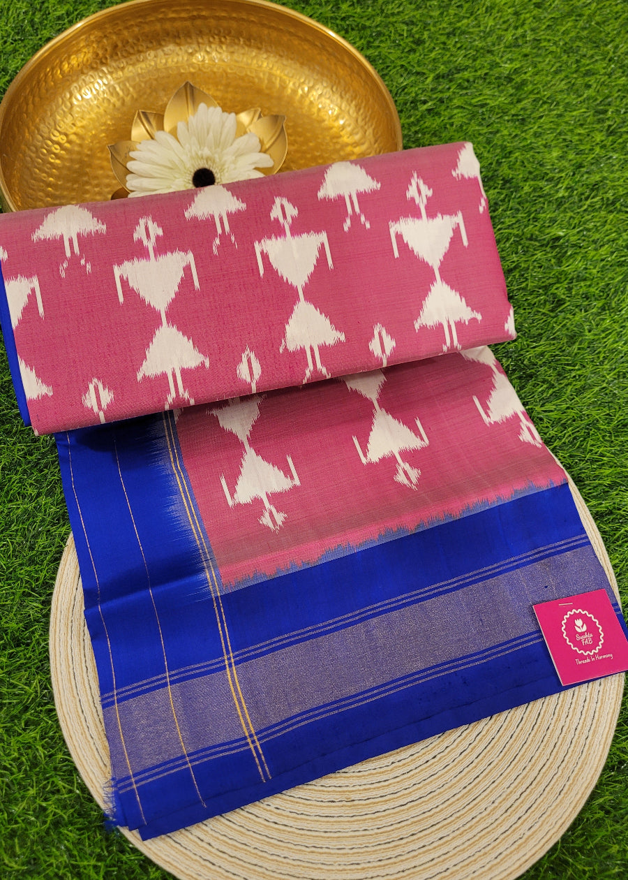 Ikat Pure Silk In Mauve Pink And Royal Blue- Andhra