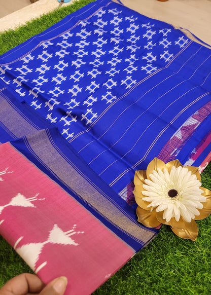 Ikat Pure Silk In Mauve Pink And Royal Blue- Andhra