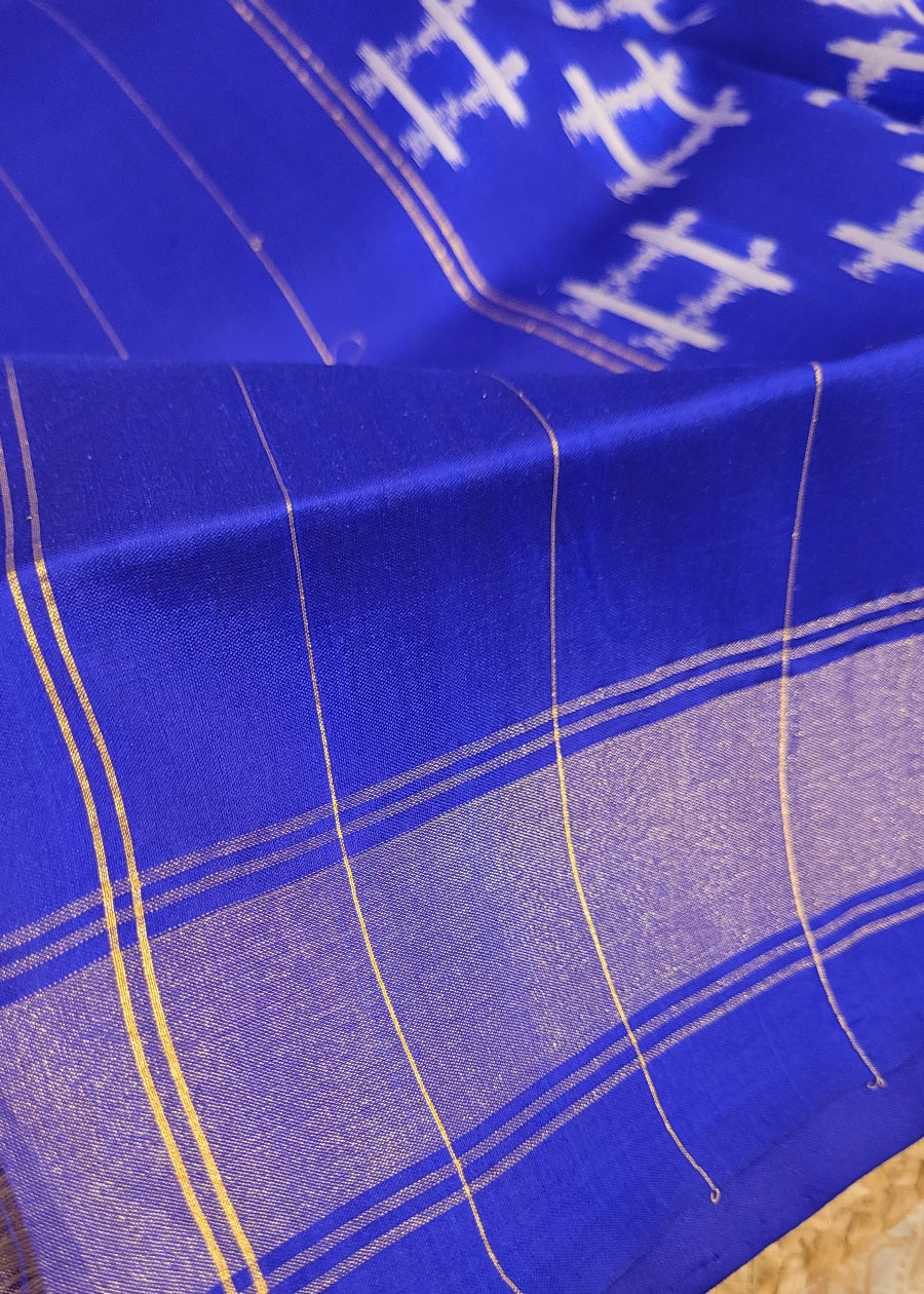 Ikat Pure Silk In Mauve Pink And Royal Blue- Andhra