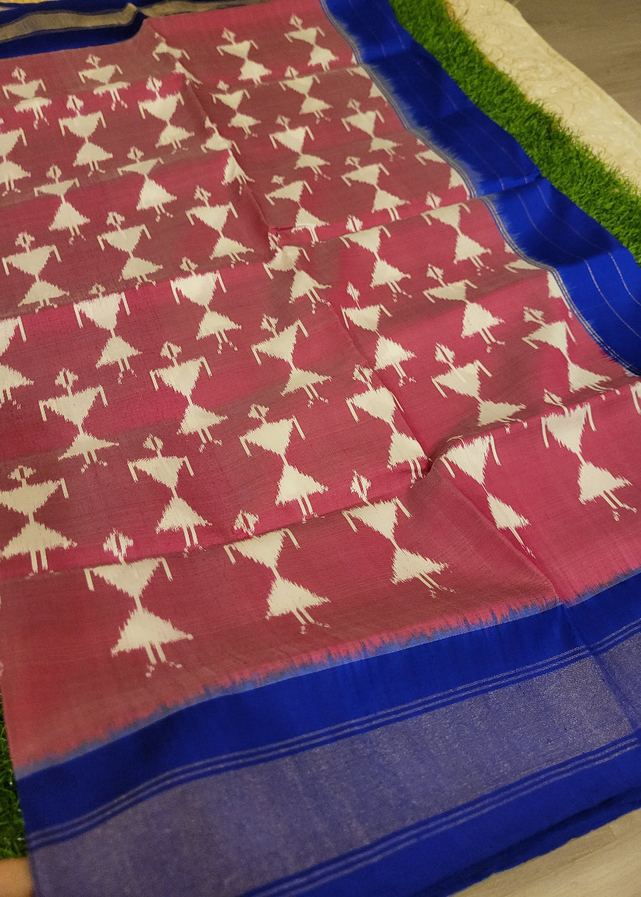 Ikat Pure Silk In Mauve Pink And Royal Blue- Andhra