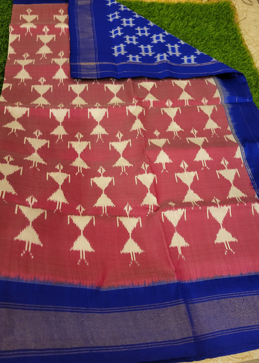 Ikat Pure Silk In Mauve Pink And Royal Blue- Andhra