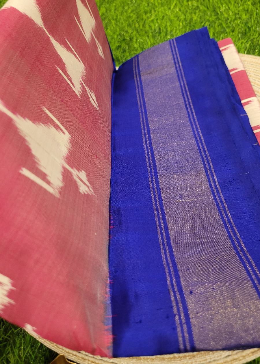 Ikat Pure Silk In Mauve Pink And Royal Blue- Andhra