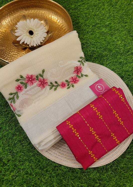 Cream Colour Kota Cotton Saree With Embroidery-Rajasthan