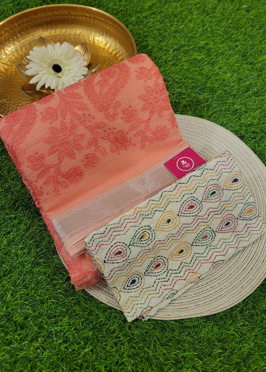 Dark Peach Kota Cotton Saree With Embroidery- Rajasthan