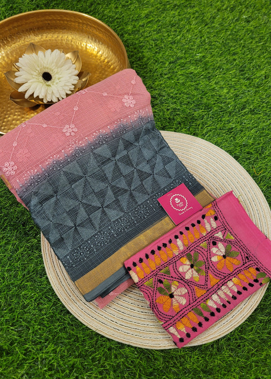 Pink And Grey Kota Cotton Saree With Embroidery- Rajasthan