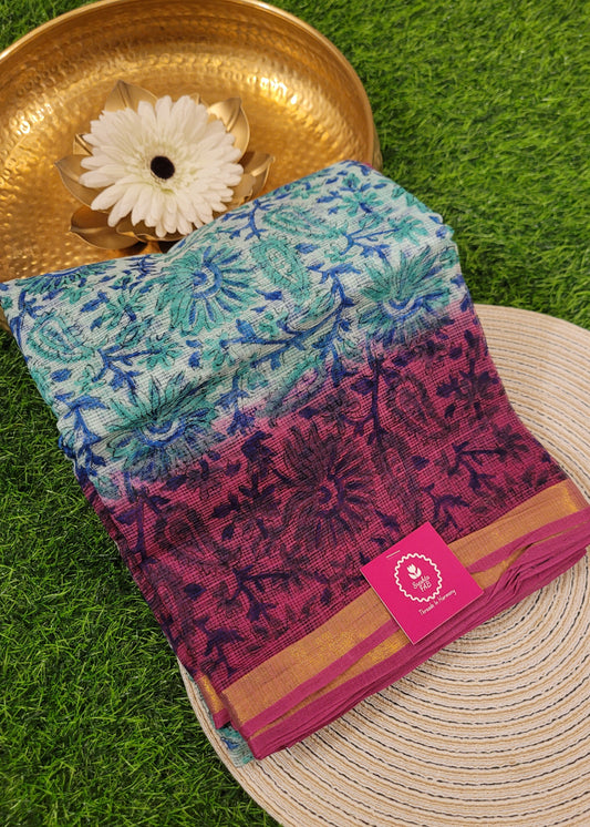 Turquoise Blue and Wine Colour Kota Cotton Saree- Rajasthan