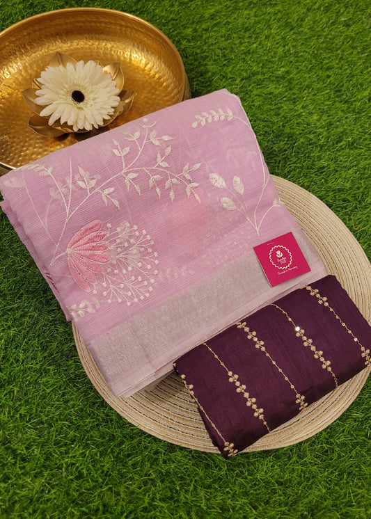 Light Pink Kota Cotton Saree With Embroidery- Rajasthan