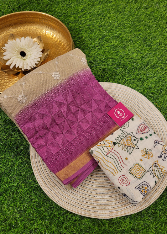 Beige And Majenta Kota Cotton Saree- Rajasthan