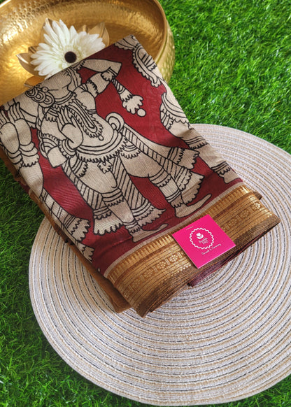 Deep Mustard And Maroon Kalamkari Semi Silk Saree - Andhra