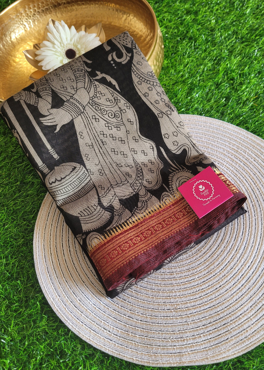 Mangalgiri Semi Silk Saree In Black And Maroon- Andhra