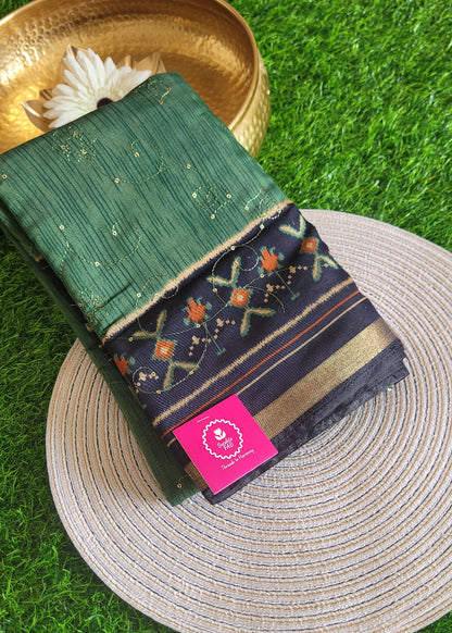 Mangalgiri Semi Silk Saree With Sequins Work In Green And Blue- Andhra