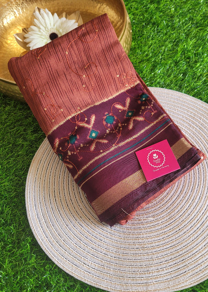 Light Chocolate and Wine Colour Mangalgiri Semi Silk With Sequins Work- Andhra