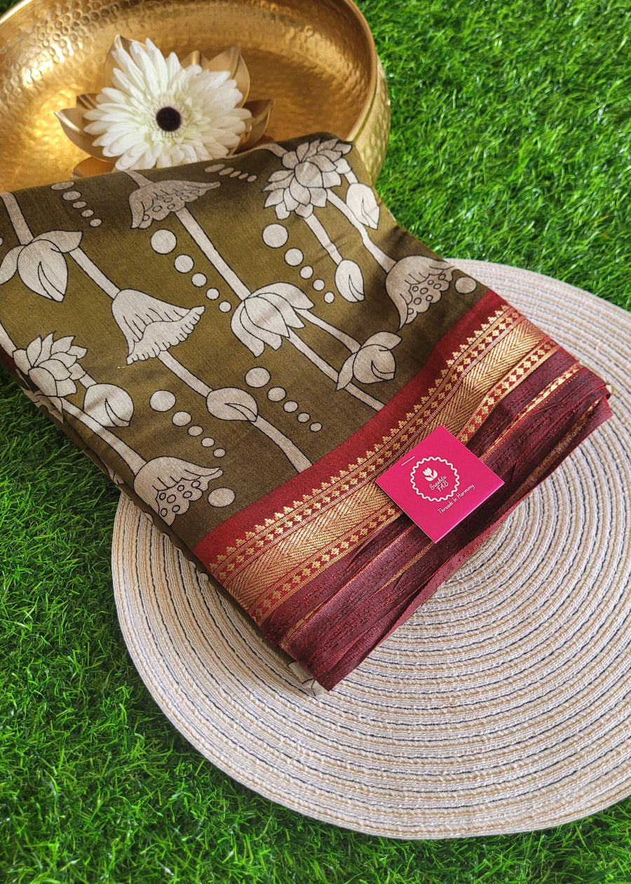 Kalamkari Semi Silk  Saree In Greengram Green And Maroon- Andhra