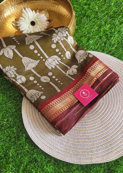 Kalamkari Semi Silk  Saree In Greengram Green And Maroon- Andhra