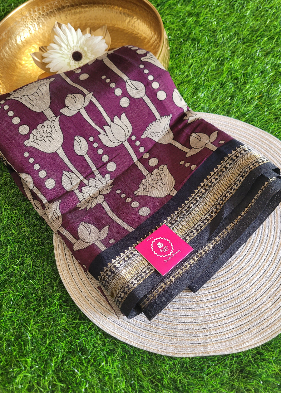 Dark Wine And Black Semi Kalamkari Silk Saree- Andhra