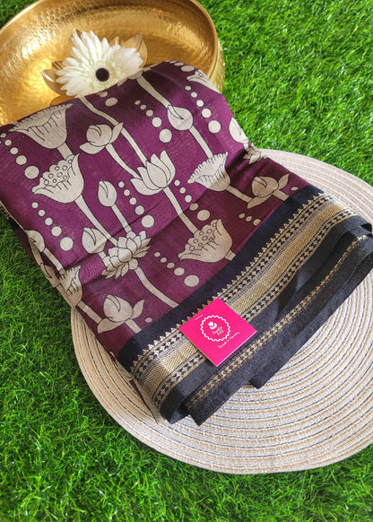 Dark Wine And Black Semi Kalamkari Silk Saree- Andhra