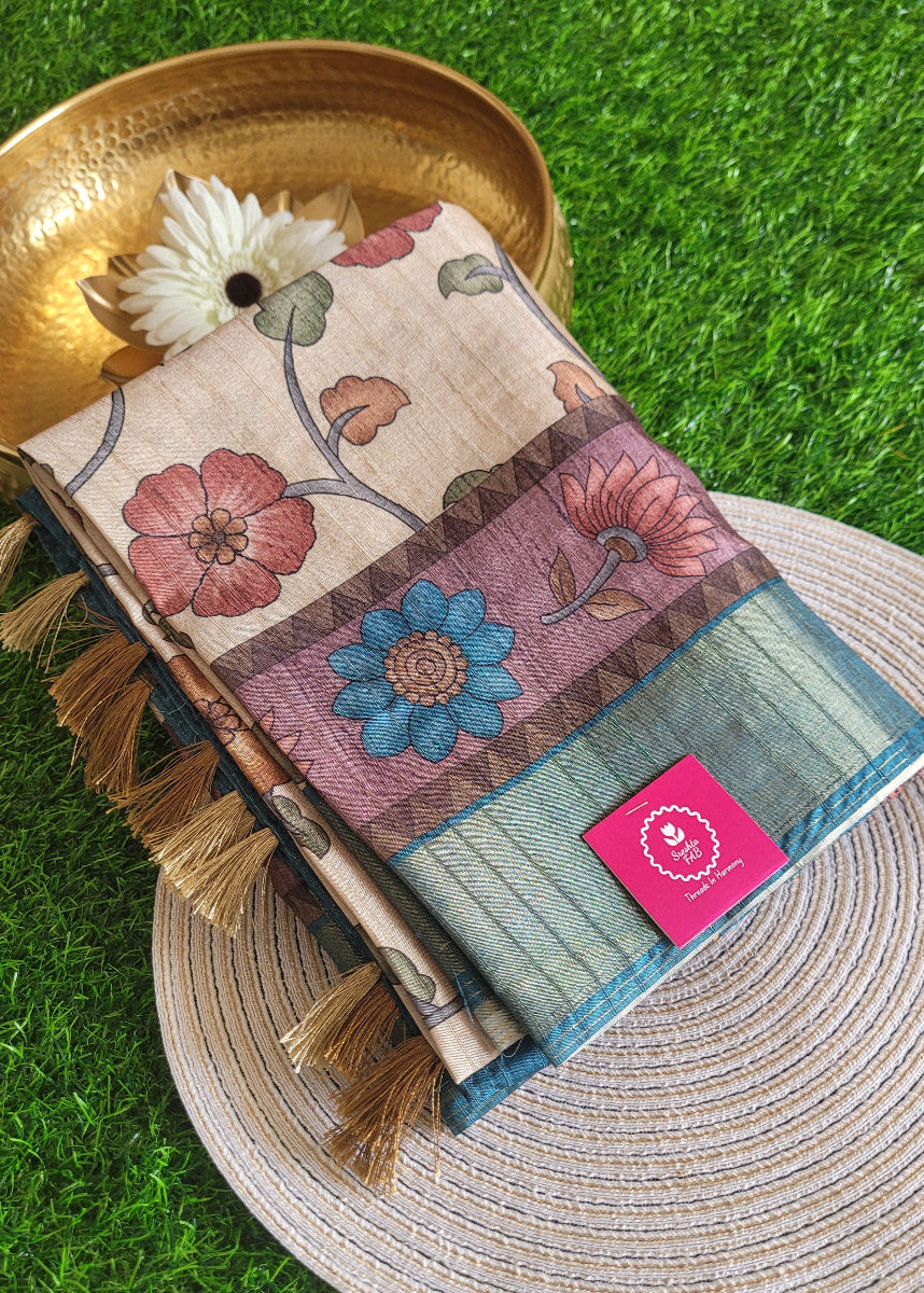 Cream And Blue Kalamkari Semi Silk Saree- Andhra